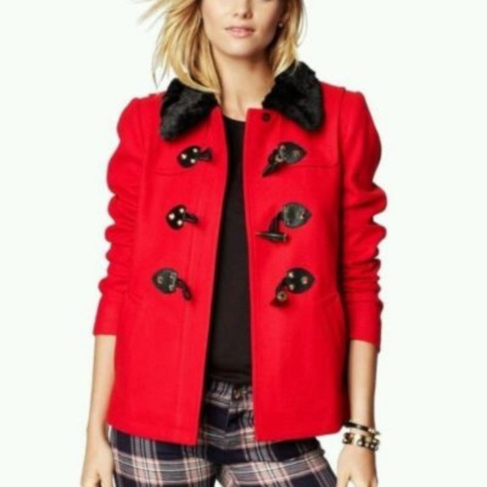 Juicy Couture red toggle coat with fur trim